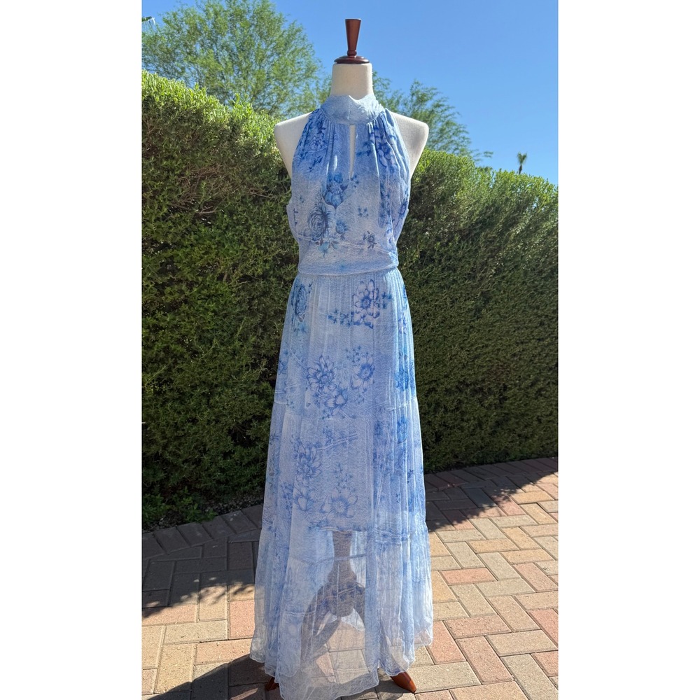Johnny Was Riona Halter Maxi Dress Blue Floral 100% Silk Fairycore Resort Wear L